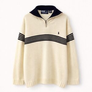 VTG Polo Ralph Lauren 1/4 Zip Sweater Cream Black Stripe XL 90s Preppy Mock Neck